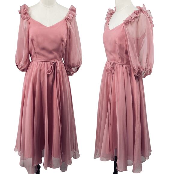 Vintage Dresses & Skirts - Vintage 70s Chiffon Puff Sleeve Ruffle Off Shoulder Midi Dress Fit Flare Pink 4